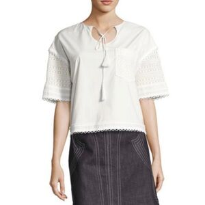 Derek Lam 10 Crosby White Poplin Crochet Sleeve Tassel Top Size 10
